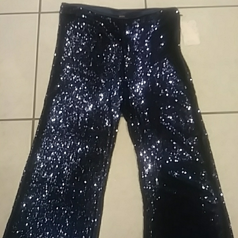 Free People Zip-Up Blue Sequin Bell Bottom Pants. - Picture 2 of 8